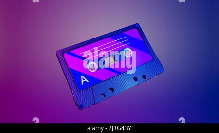 3D Audiokassette mit Band. Vintage-Audiokassette mit Retro-Musik aus den Jahren 80s und 90s auf neonfarbenem Hintergrund. Musik, Entertainment-Konzept. Hochwertige 3D-Illustration Stockfoto