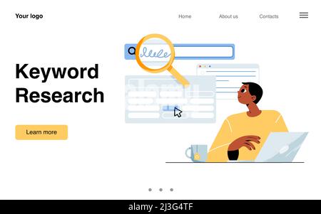 Stichwort-Recherche-Banner. Konzept der Suchmaschinenoptimierung, Content-, Traffic- und Abfrageanalyse. Vektor Landing Page des Data Ranking Service und S Stock Vektor