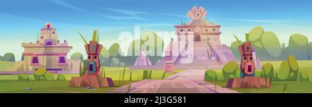 Alte Ruinen des aztekischen Tempels, Statuen und Pyramide. Vektor-Cartoon-Illustration der Sommerlandschaft mit tropischen Wald und verlassenen Dorf Meso Stock Vektor