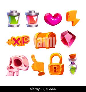 Spiel-Symbole mit Herz, Edelstein, Blitz, Batterien, Gold Schatzkiste und Schädel. Vektor-Cartoon-Satz von Symbolen für mobile Spiel gui, Energie und xp-Zeichen Stock Vektor