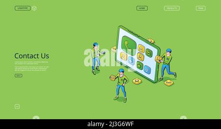 Kontaktieren Sie uns Banner mit Kundendienst, Online-Hilfe und Feedback. Vector Unternehmens Landing Page mit isometrischer Darstellung der Menschen Arbeitnehmer und Stock Vektor