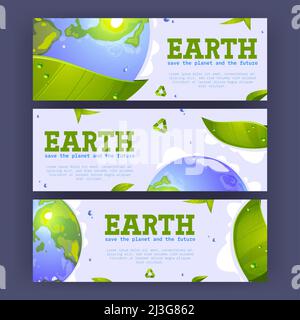 Speichern Sie den Planeten Cartoon Banner mit Erdkugel, grünen Blättern, Wassertropfen und Recycling-Symbol. Umweltschutz, erneuerbare Energien und Nachhaltigkeit Stock Vektor