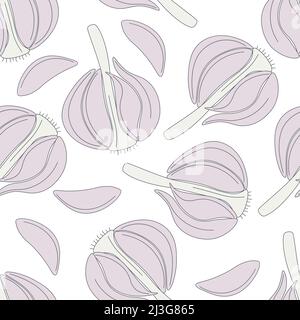 Knoblauch nahtlose Muster Vektor-Illustration. Hintergrund mit Köpfen und Knoblauchzehen. Schablone mit Futter für Tapete, Stoff, Papier Stock Vektor