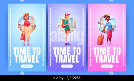 Zeit, um Banner mit Touristen mit Koffer, Rucksack und Karte auf Stadtbild Hintergrund zu reisen. Vector vertikale Plakate von Urlaub Reise, Tourismus mit c Stock Vektor