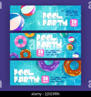 Pool Party Cartoon Banner, Sommer Hintergrund mit bunten aufblasbaren Ringen und Kugeln schweben im Schwimmbad Draufsicht. Einladungsflyer für den Sommer Stock Vektor