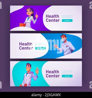 Gesundheitszentrum Banner mit Ärzten in professioneller Uniform. Vektor horizontale Plakate des medizinischen Dienstes, Krankenhaus oder Klinik mit Cartoon-Illustration Stock Vektor
