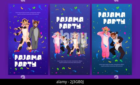 Pyjama Party Cartoon Poster. Junge Menschen in Kigurumi-Tieranzügen freuen sich mit Freunden und Konfetti. Jugendliche tragen Kostüme Katze, Kuh, Panda und Stock Vektor