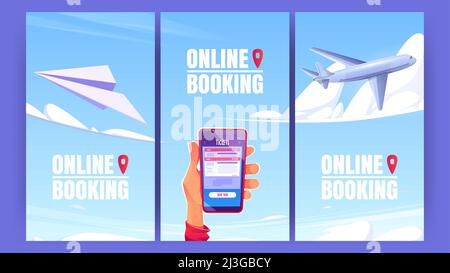 Online-Buchung von Cartoon-Postern. Internet-Service zum Buchen und Kaufen von Flugtickets. Banner mit menschlicher Hand halten Handy auf blauem Himmel Hintergrund w Stock Vektor