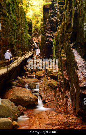 Wanderer fahren auf einer Holzpromenade durch die Flume Gorge in den White Mountains von New Hampshire Stockfoto