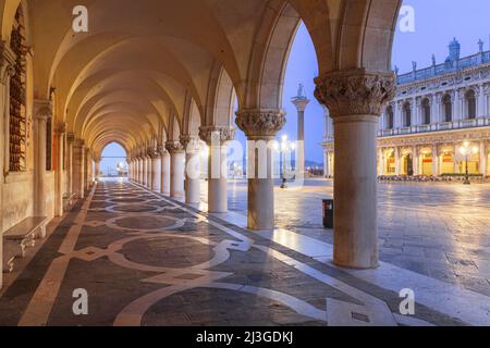 Venedig, Italien an einem nebligen Morgen auf dem Markusplatz. Stockfoto