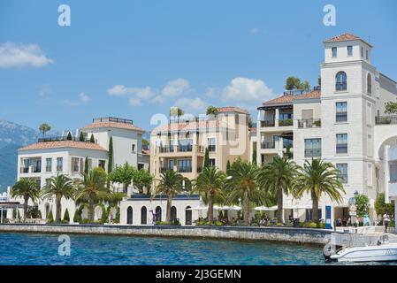 TIVAT, MONTENEGRO - 15. JULI 2021: Luxuriöse Promenade von Porto Montenegro mit Palmen und Gebäuden Stockfoto