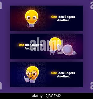 Cartoon-Banner mit lustigen Glühbirnen Zeichen glühen, lächeln, schlafen und Suchlösung mit Lupe. Niedliche Lampen drücken Emotionen aus Stock Vektor