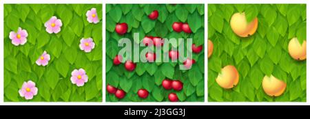 Spiel Texturen von grünen Baumblättern mit Blumen und Früchten. Nahtlose Muster mit Kirsche, Pfirsich und blühender Gartenpflanze. Strukturierter natürlicher Rücken Stock Vektor