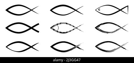 Satz von christlichen Fisch-Ikonen. Vektordarstellung auf weißem Hintergrund isoliert Stock Vektor