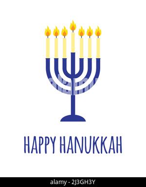 Vektor flache Cartoon Hanukkah Kerze mit glücklichen Hanukkah Schriftzug isoliert auf weißem Hintergrund. Abbildung der Grußkarte Stock Vektor