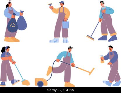 Reinigungspersonal, Leute in Uniform mit Staubsauger, Besen, Spray, Müllsäcke und Eimer. Vector flacher Satz von professionellen Hausarbeitern Stock Vektor