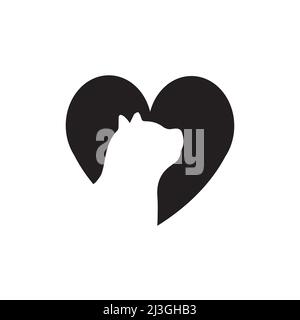 Vektor flache Katze Silhouette in schwarzem Herz-Logo isoliert auf weißem Hintergrund Stock Vektor