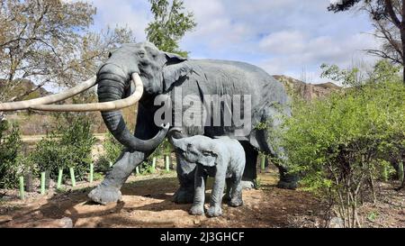 Elefanten. Elefantenmodell und Kalb zusammen im Park von Madrid, in Spanien. Horizontale Fotografie. Stockfoto