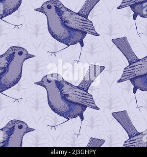Robin Redbreast vintage Vektor nahtlose Muster Hintergrund. Monochromer purpurner Wintervögel auf floralem Hintergrund. Handgezeichnetes Design im illustrativen Stil Stock Vektor