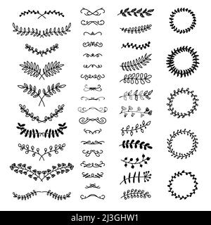 Trennwände für Blumentext. Äste mit Blättern und Blumen. Vektor Hand gezeichnete Lorbeer Cliparts Stock Vektor