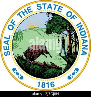 Draufsicht auf das große Siegel des US-Bundesstaates Indiana. Patriot und Reisekonzept der Vereinigten Staaten von Amerika. Ebenenlayout, Design Stockfoto