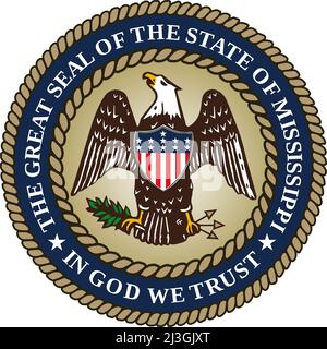Draufsicht auf das große Siegel des US-Bundesstaates Mississippi. Patriot und Reisekonzept der Vereinigten Staaten von Amerika. Ebenenlayout, Design Stockfoto