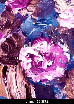 Abstrakte Blumen, rosa und violette Kunstmalerei, kreative handbemalte Hintergrund, Pinsel Textur, Acrylmalerei. Moderne Kunst. Zeitgenössische Kunst Stockfoto