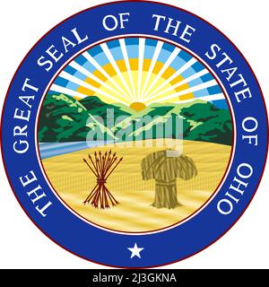 Draufsicht auf das große Siegel des US-Bundesstaates Ohio. Patriot und Reisekonzept der Vereinigten Staaten von Amerika. Ebenenlayout, Design Stockfoto
