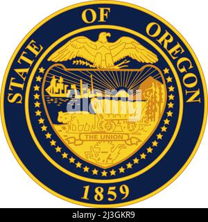 Draufsicht auf das große Siegel des US-Bundesstaates Oregon. Patriot und Reisekonzept der Vereinigten Staaten von Amerika. Ebenenlayout, Design Stockfoto