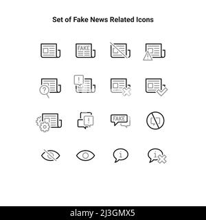 Einfacher Satz gefälschter News-Symbole für Vektorlinien. Enthält Symbole wie falsche Informationen, Propaganda, unangemessene Inhalte. Stock Vektor