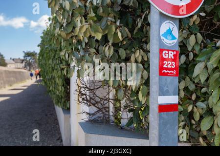 Frankreich, Manche, Cotentin, Barfleur, beschrifteten die schönsten Dörfer Frankreichs, rot-weiße Wegmarkierung zeigt den Küstenweg von GR223 und das Logo von Chemins de Saint Michel an Stockfoto