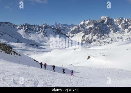 Frankreich, Hautes-Alpes, Névache, Skitourenangriff, Richtung Col des Muandes (2828 m), gesehen auf dem Ecrins-Massiv, der Barre des Ecrins (4102 m) Stockfoto