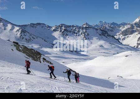 Frankreich, Hautes-Alpes, Névache, Skitourenangriff, Richtung Col des Muandes (2828 m), gesehen auf dem Ecrins-Massiv, der Barre des Ecrins (4102 m) Stockfoto