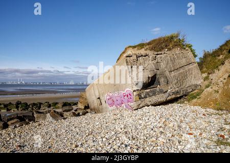 Frankreich, Calvados (14), Cricqueboeuf, Strand in der Nähe von Villerville, Drehort Eines Affen im Winter mit Gabin und Belmondo, im Jahr 1962, Bunker des Zweiten Weltkriegs, erinnert an den, wo Belmondo seine Tochter findet, in einer Szene aus dem Film, Drehorte sind durch das Tourismusbüro markiert, Mit Totems im Zentrum der Stadt, im Film Tigreville genannt Stockfoto