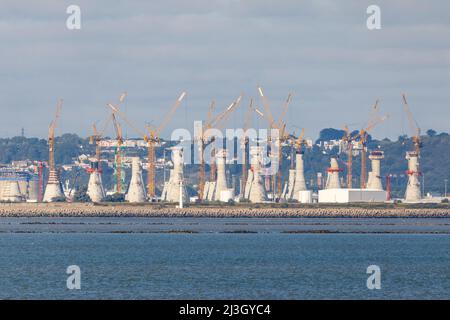 Frankreich, Calvados (14), Cricqueboeuf, in der Nähe von Villerville, Bau der schwerkraftbasierten Strukturen, die für den Offshore-Windpark von Fécamp entwickelt wurden, Baustelle im Hafen von Le Havre Stockfoto