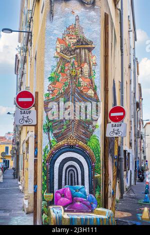 France, Herault, Sete, Wandgemälde des bildenden Künstlers David Duart und des Graffiti-Künstlers Naoui Restart Stockfoto