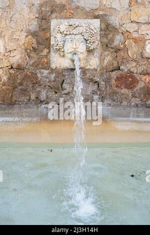 Frankreich, Herault, Balaruc-le-Vieux, der Brunnen, der Bacchus darstellt, als Hommage an die Weinbauvergangenheit der Stadt Stockfoto