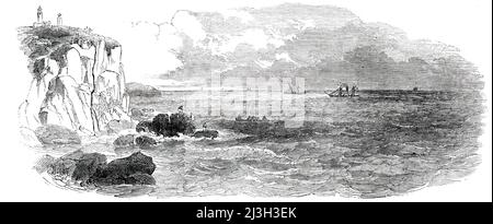 U-Boot-Elektrischer Telegraph zwischen Dover und Calais - The Electric Wire bei Cape Grinez, 1850. Schiffe, die ein Telegraphenkabel zwischen England und Frankreich legen. „Die einzige vermutete Schwierigkeit auf der Route war an einem Punkt im Mittelkanal, genannt Ridge, zwischen dem und einer anderen Ungleichheit namens Varne, die sowohl bekannt als auch von Seefahrern gefürchtet ist, ein tiefes U-Boot-Tal, umgeben von sich verschiebendem Sand...die U-Boot-Telegrafenlinie wurde jedoch erfolgreich untergetaucht. In der Nähe des Kaps Grinez [Cap Gris-Nez an der Nordküste Frankreichs] werden die Sonden sehr zerklüftet und die Küste vergeht Stockfoto