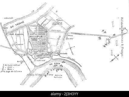 Schleswig-Holstein-Krieg - Plan von Friedrichstadt, [jetzt in Deutschland], 1850. Karte der Stadt und des Flusses Eider mit drei Schleusen: 'Nein. 1. Die Wester Schleuse. 2. Mittel. 3. Oster. Die Schwierigkeit, den Ort zu stürmen, wird man sehen, von dort aus nur die eine Straße, die unten markiert ist, über den sumpfigen Boden. Es ist jetzt alles unter Wasser vor der Stadt...Friedrichstadt...war 1620 ein friesisches Dorf namens Seebiil. Herzog Friedrich III., von Schleswig-Holstein, die von einer Reihe von Flüchtlingen aus Holland, verfolgt Arminians, oder remonstrants, erlaubt ihnen, sich in diesem vil Stockfoto