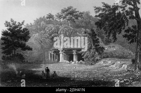 'Eingang zur Höhle von Elephanta', 1835. Die Elephanta Höhlen in Maharashtra, Indien. Aus „Views in India, China and on the Shores of the Red Sea, Vol. II“. [Fisher, Son &amp; Co., London, 1835] Stockfoto