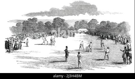 Besuch der Royal Party auf dem Cricket-Ground, im Castle Howard, 1850. Königin Victoria und Prinz Albert sehen sich als Gäste im Castle Howard in North Yorkshire ein Cricket-Spiel an. Die königliche Partei "... wurde Zeuge des Spiels des Castle Howard Club. Der Graf von Carlisle ist besonders von diesem Spiel begeistert; und der Ort, der ihm im Park gewidmet ist, der von einem Amphitheater aus edlen Bäumen umgeben und mit Fahnen und Zelten geschmückt ist, hat ein sehr angenehmes Aussehen.“ Aus „Illustrated London News“, 1850. Stockfoto