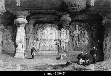 'Dreiklang-Figur, Interieur von Elephanta', 1834. Die Elephanta Höhlen in Maharashtra, Indien. Aus „Views in India, China and on the Shores of the Red Sea, Vol. II“. [Fisher, Son &amp; Co., London, 1835] Stockfoto