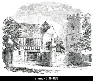 Catesby Hall - Gateway, Ashby St. Leger, 1850. Herrenhaus im Dorf Ashby St Ledgers, Northamptonshire, berühmt als Standort für die Planung des Gunpowder Plot im Jahr 1605. "Das Haus gehörte früher Sir William Catesby, einem der drei Favoriten, der unter Richard III. Das Königreich regierte...William Catesby wurde in Leicester enthauptet". Einer seiner Nachfolger, Robert Catesby, war '...der controver des Gunpowder Plot...nach seinem Tod wurde das Anwesen verwirkt und von der Krone an die Familie von Irving gewährt. Es wurde anschließend an die Familie von Janson verkauft, die im Jahr 1703 die verkaufte Stockfoto