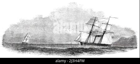 H.M. Steamer "Rifleman", in Chase of a Brazilian Slaver, 1850. Royal Navy Schiff verfolgt ein Sklavenschiff '...die Brigg wurde von der Rifleman beobachtet, Lenkung weg für das Land. Sofort wurde Jagd gemacht, die lange Zeit fortgesetzt wurde; Aber wegen der guten Segeleigenschaften der Brigg und der ungefähr sieben Meilen nach Wind zu sein, machte sie, sehr unglücklicherweise, durch die Hilfe der Squall nach Wind, ihre Flucht und landete 500 Schwarze nach Norden von Cape Frio zehn Tage danach. Dies war jedoch die erste Instanz eines entweichenden Schiffes, als es einmal von Rifleman beobachtet wurde. Der Sklavenhalter war suppo Stockfoto