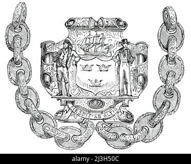 Abzeichen und Kette des Borough of Tynemouth, 1850. Der Bürgermeister, die Aldermen und die Bürgermeisterinnen des Bezirks Tynemouth [Tyne &amp; Wear], die im vergangenen Jahr aufgenommen wurde, haben kürzlich ein Korporationssiegel angenommen, von dem das folgende die Beschreibung ist; nämlich. Der Schild trägt die Arme des alten Priorats von Tynemouth, Die auf einem Feldreisen drei Kronen oder, dem ein volltaktiges Schiff für einen Kamm hinzugefügt wird, und ein Seemann und ein Bergmann für Unterstützer mit dem Motto "Messis ab altis" - "Unsere Ernte kommt aus den Tiefen"; Und da der Haupthandel des Ortes in Kohlen liegt, carrie Stockfoto