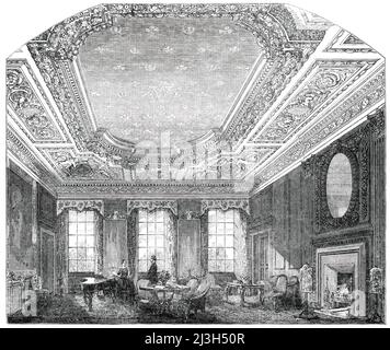 Her Majesty's Apartment at Holyrood, 1850. Innenraum des königlichen Palastes von Holyrood, Edinburgh, Schottland. „Das Wohnzimmer, das für Queen Victoria neu eingerichtet wurde, ist eine sehr schöne Wohnung, die Decke ist besonders schön. Die Wände sind mit dunkler Eiche vertäfelt, die, nachdem sie vor kurzem von der unausstehlichen Farbe des letzten Jahrhunderts gereinigt wurden, dem Raum ein reiches Aussehen verleiht. Die Decke ist tief gekaschert und getäfelt, und die Decke ist übermäßig mit hängenden, mit wunderbarem Geist modellierten Blumenfestounen angereichert; die Decke im Inneren wird mit einem negativen grünlichen Farbton bemalt Stockfoto
