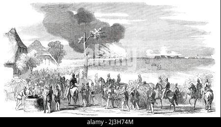 Schleswig-Holsteinischer Krieg - Verbrennung des Kleinen Lagers, Kochendorf, 1850. „Die schweren Erschießungen in Eckernforde, östlich, setzten sich nach Einbruch der Dunkelheit fort; Es wird gesagt, dass es nur dazu gedacht war, den Vormarsch der Holsteinischen Infanterie auf die Stadt zu kontrollieren, während die dänischen Truppen in ihren Schiffen und Booten einschifft und über die Bucht gebracht wurden, aber ich kann nicht positiv antworten für das, was ich nicht gesehen habe. Eine Mühle hinter der Stadt wurde in Brand gesetzt und viele Stunden verbrannt. Es wird heute Morgen berichtet, dass Eckernforde im Besitz der Holsteiners ist, aber es ist eine Frage, ob sie es halten können, da sie immer offen sind Stockfoto