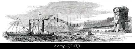 U-Boot-Elektrischer Telegraph zwischen Dover und Calais - temporäre Station in Dover - Dampffahrer bereiten sich auf den Start vor, 1850. Schiffe, die ein Telegraphenkabel zwischen England und Frankreich legen. „Die einzige vermutete Schwierigkeit auf der Route war an einem Punkt im Mittelkanal, genannt Ridge, zwischen dem und einer anderen Ungleichheit namens Varne, die sowohl bekannt als auch von Seefahrern gefürchtet ist, ein tiefes U-Boot-Tal, umgeben von sich verschiebendem Sand, Die eine ist siebzehn Meilen und die anderen zwölf Meilen in der Länge. Hier treffen Schiffe auf Gefahr, verlieren ihre Anker und driften; und Schleppnetze von Fischern sind f Stockfoto