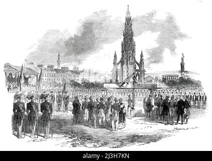 Seine Königliche Hoheit Prinz Albert Laying the Foundation-Stone of the National Gallery, in Edinburgh, 1850. Der geschlossene Raum hatte mehrere Stände, die in ihm errichtet wurden...auf der Westseite des Bereichs befand sich ein weiterer Stand, der 1300 Personen aufnehmen konnte...der Fürstengemahl betrat das Gebiet und nahm unter lautem Jubel seine Position in der Nähe des Grundsteins ein. Der Rektor der Universität, Rev. Dr. Lee, gab ein inbrünstigtes Gebet für den Erfolg des vorgeschlagenen Gebäudes ... der Lord Justice-General, trat dann vor und nahm die Kelle auf, die er dem Prinzen darstellte, spricht sich an Stockfoto