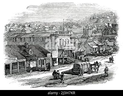 Blay-Place, San Francisco, 1850. Gravur von einem Daguerreotyp, zeigt '...Blay-Place, mit seinen Geschäften und Geschäften...aber zwei Jahre seit...San Francisco war ein Weiler von unhöflichen Hütten: Heute ist es eine große Stadt, ein Lager, oder besser gesagt eine Karawanserei, von 50.000 bis 100.000 Seelen...M. Patrick Dillon, Ex-Konsul von Frankreich auf den Sandwich-Inseln und jetzt Konsul in San Francisco, schätzt die Zahl der Auswanderer, die auf dem Seeweg nach Kalifornien kommen, auf 2000 pro Tag; Und es gibt eine fortgesetzte Bewegung in Richtung der [Gold-] Minen von allen Seiten, landwärts ... die Straßen von San Francisco, parallel zur Bucht, sind Stockfoto